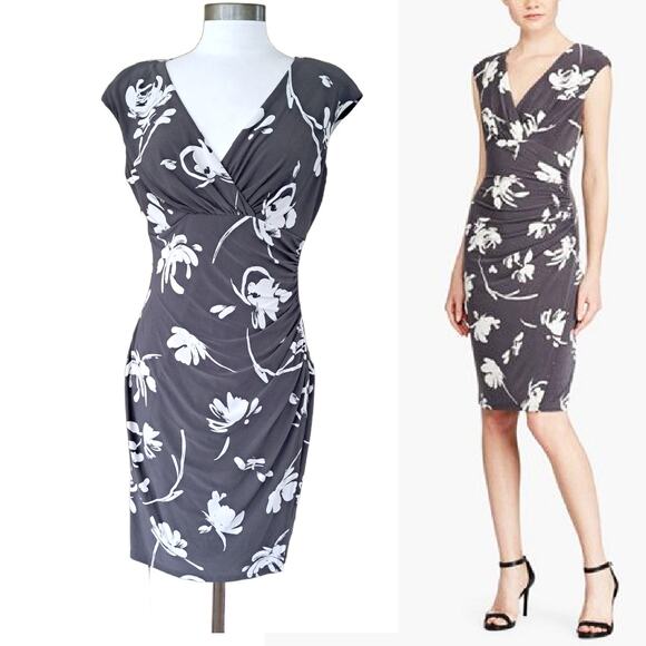 LAUREN Ralph Lauren Gray Print Jersey Cap Sleeve Dress Ruched Sheath Sz 10 - Picture 1 of 10